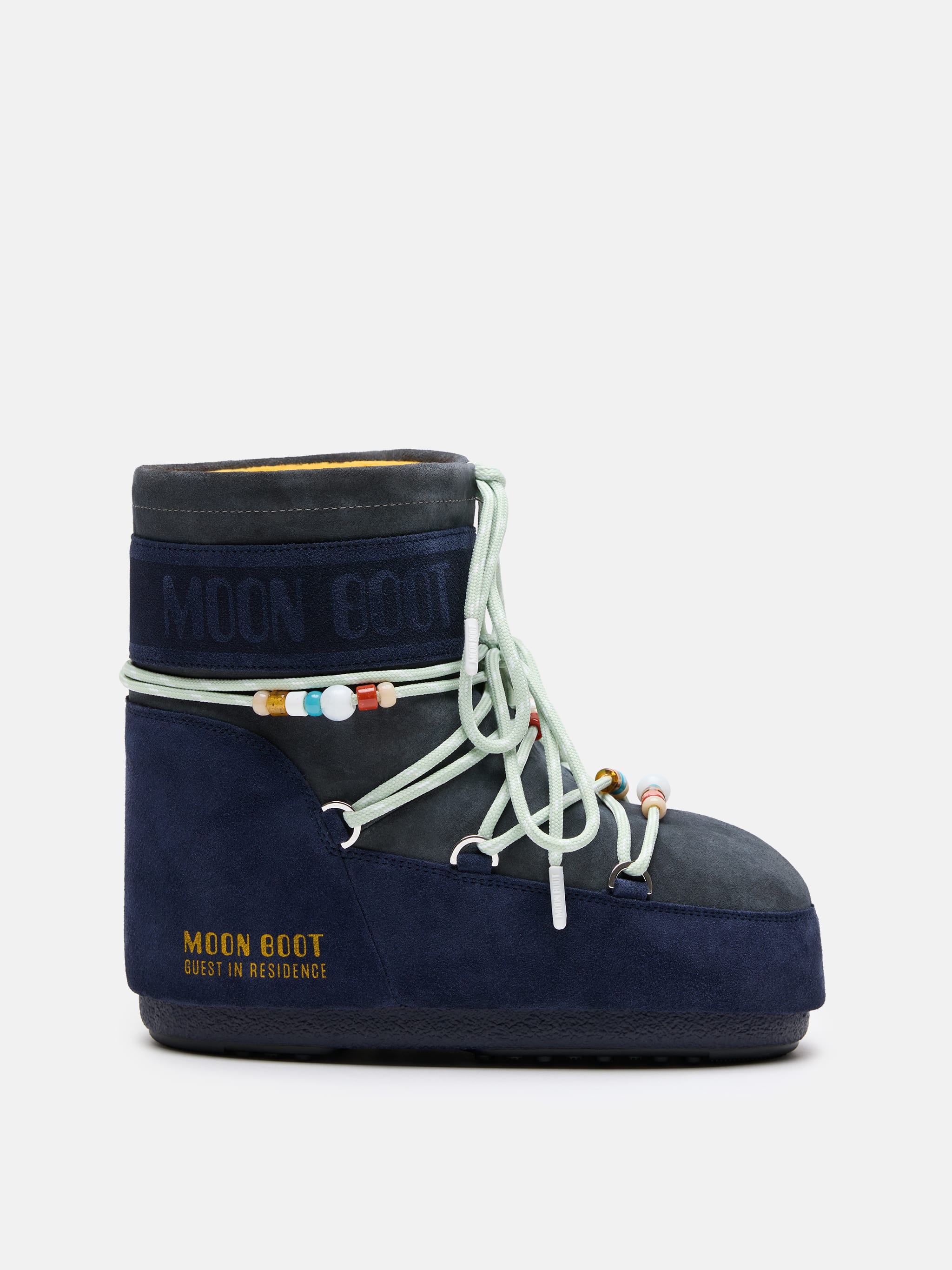MOON BOOT X GUEST IN RESIDENCE ICON LOW NOTTE E GRIGIO CON DETTAGLI DI PERLE IN SUEDE