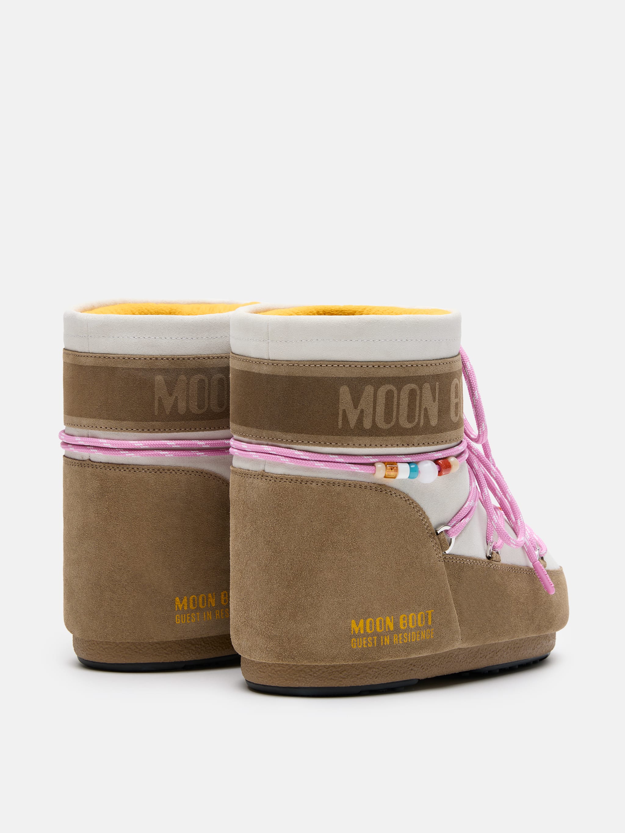 MOON BOOT X GUEST IN RESIDENCE ICON LOW HONEY & WHITE SAND BEADED SUEDE BOOTS